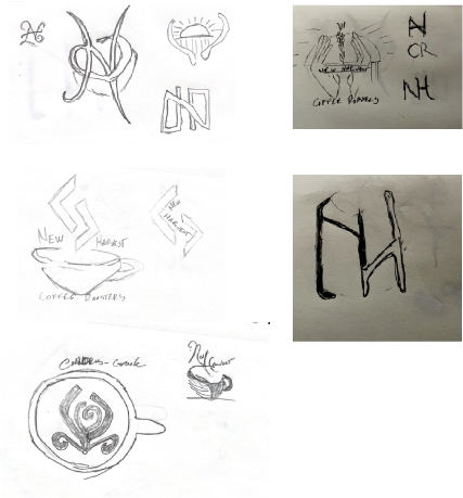 A series of drawings with multiple combinations of the letters "n" and "h" that could be used as a logo.