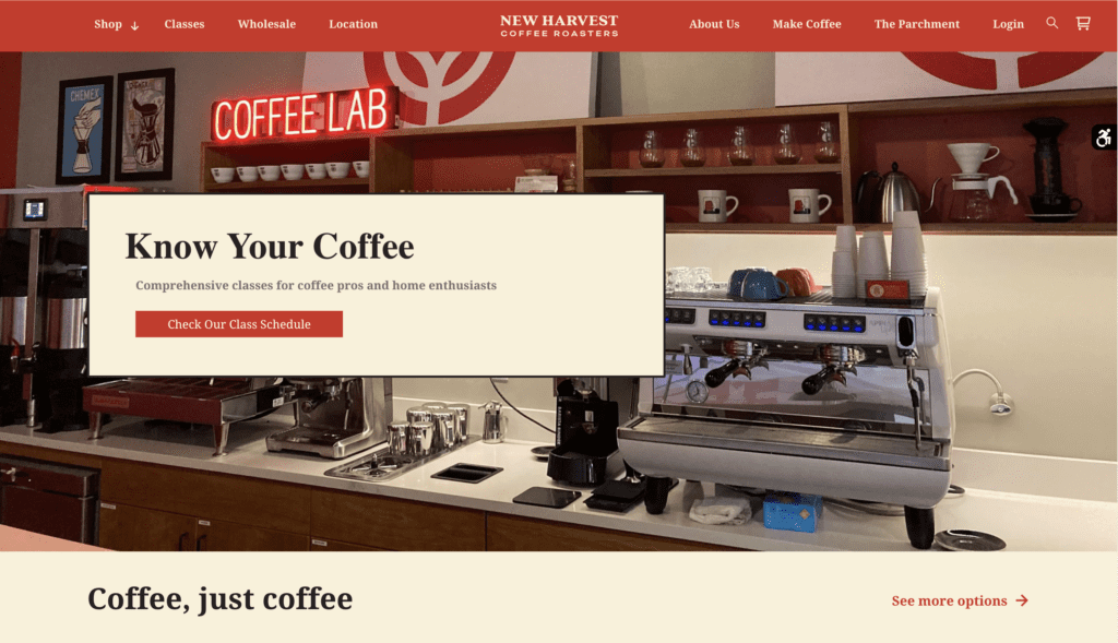 the homepage for new harvest coffee roasters. which states "know your coffee", and has coffee machines in the background.