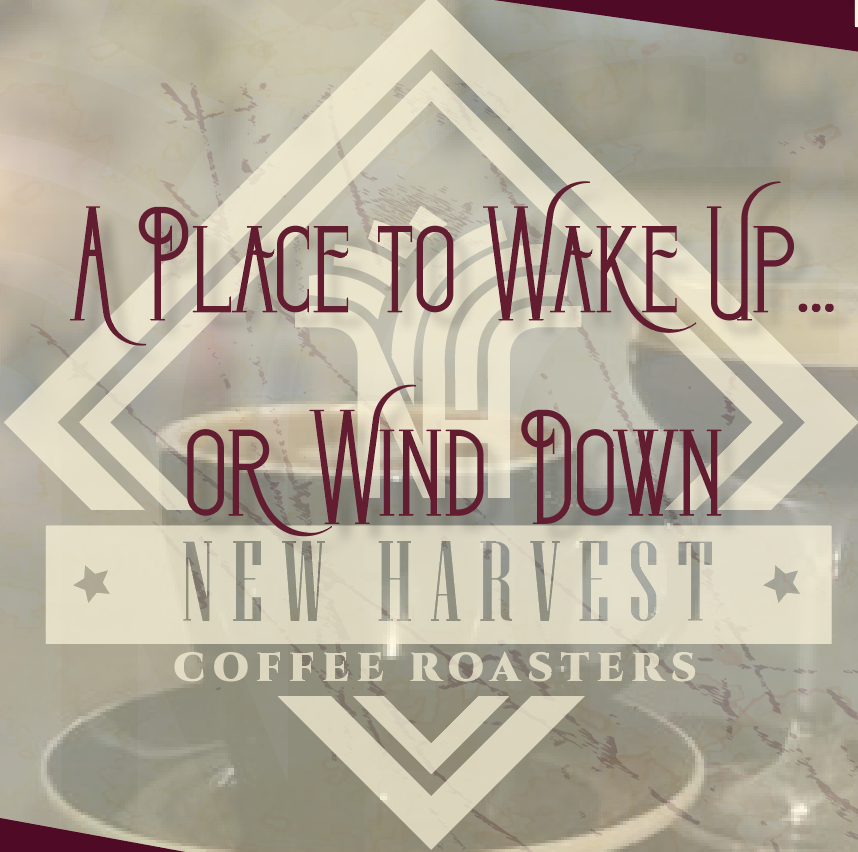 screened down image of the NEW harvest logo with the words in a diamond shape on a background featuring a coffee drink and an alcoholic beverage.