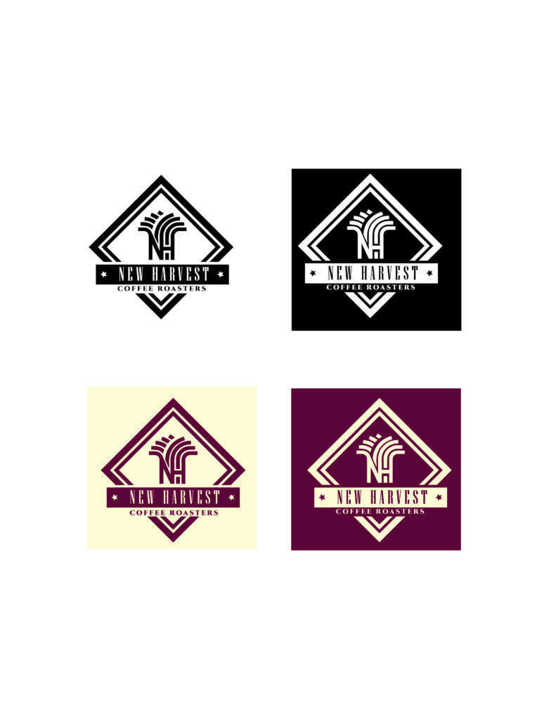 four iterations of the new harvest logo which is an altered symbol for the harvest containing the letters "n" and "h". The words new harvest and coffee roasters appear below that, and it is surrounded by a diamond shape. There are two black and white versions, and two cream and burgundy versions.